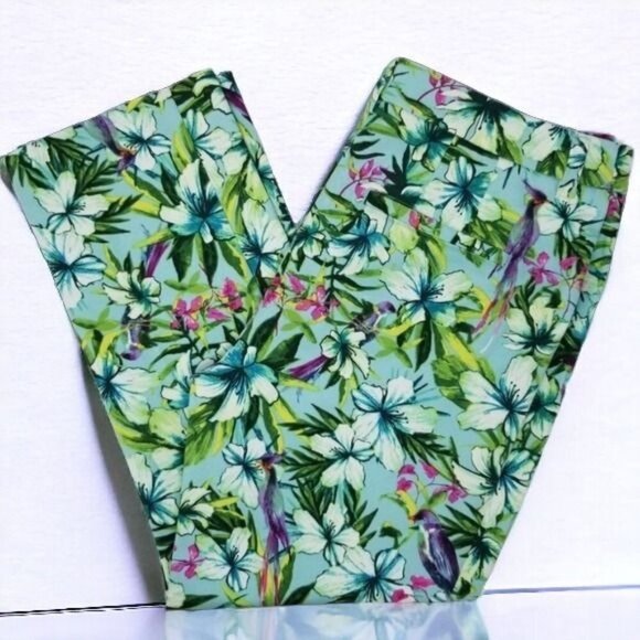 CHICOS LADIES GREEN COLORFUL TROPICAL HAWAIIAN BEACH MID RISE PANTS SIZE 4 - Picture 1 of 10